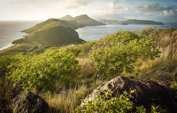 Road, sea, the sky, grass, the sun, Islands, clouds, mountains