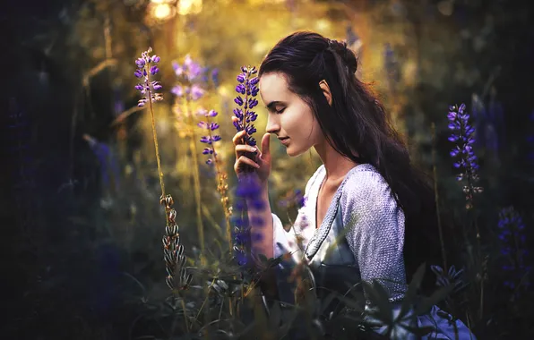 Summer, girl, flowers, style, dress, brunette, fantasy, hairstyle