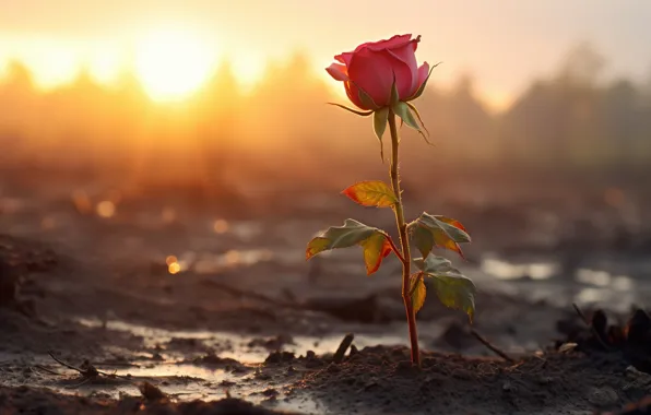 Flower, the sun, rays, light, fog, dawn, earth, pink