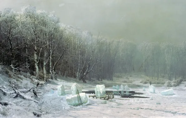 Forest, oil, Winter, ice, Icebreaker, canvas, 1878, Arseny MESHCHERSKY