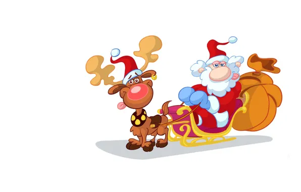 Holiday, minimalism, deer, art, New year, sleigh, Santa Claus, bag