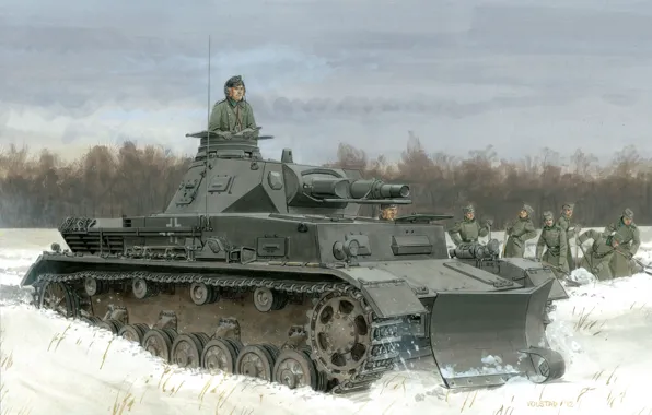 Picture winter, field, forest, snow, trees, figure, art, tank