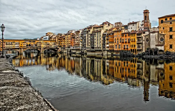 The sky, bridge, river, home, Italy, Florence, The Ponte Vecchio, Arno