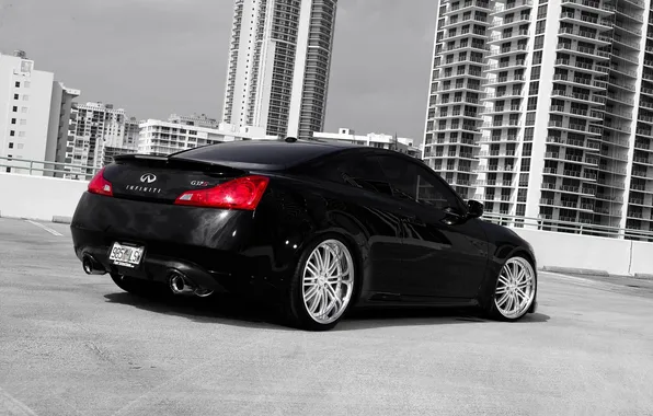 Picture black, Infiniti, Parking, black, skyscrapers, infiniti, the rear part, G-Series