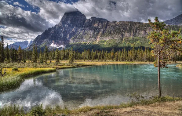 The sky, clouds, trees, mountains, lake