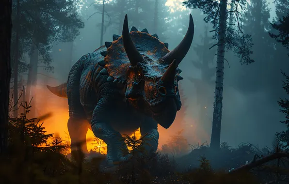 Trees, Fire, Dinosaur, Horns, Triceratops, Animal, Digital art, Triceratops