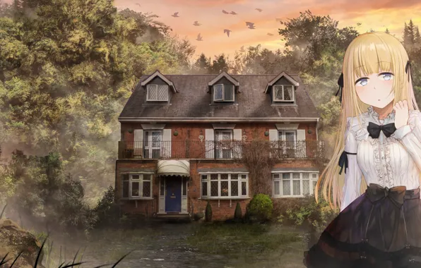 Landscape, house, girl, mansion