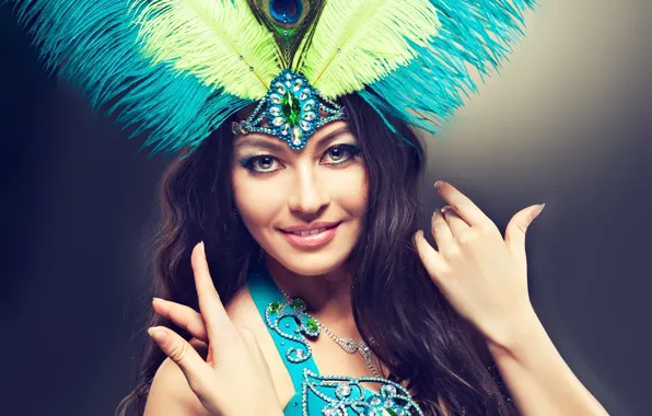 Eyes, look, girl, decoration, face, feathers, hands, makeup