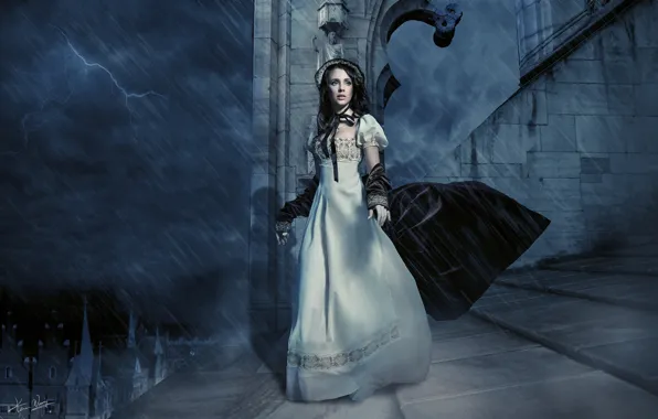 Picture the storm, girl, night, anxious and attentive gaze, porch of the castle