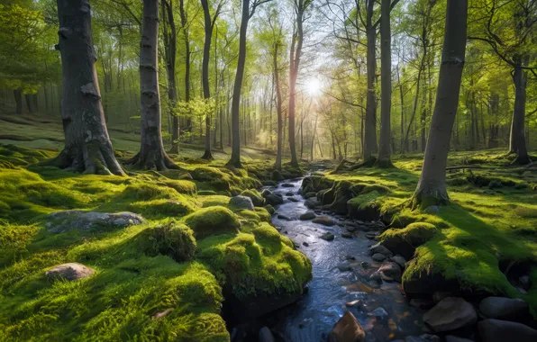 Forest, trees, stream, moss, Germany, river