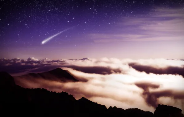 Stars, clouds, mountains, meteor