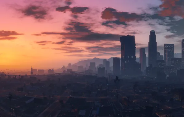 City, game, sky, cloud, Grand Theft Auto V, GTA V, GTA 5, kumo