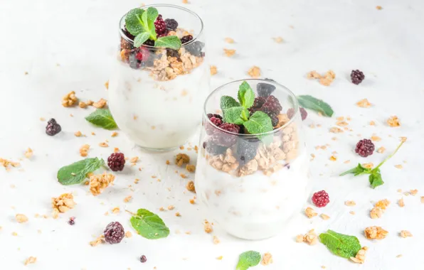 Berries, Breakfast, glasses, mint, muesli, granola