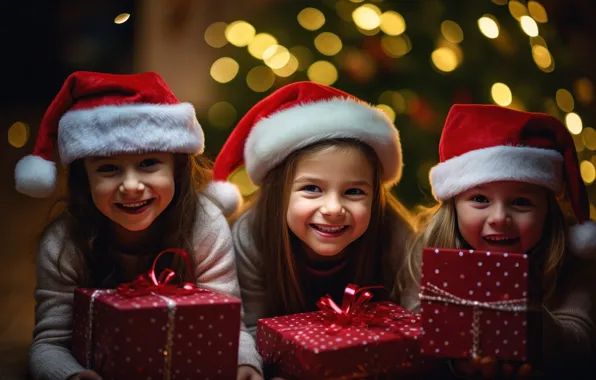 Children, girls, Christmas, New year, the Santa hat, AI art, neural network