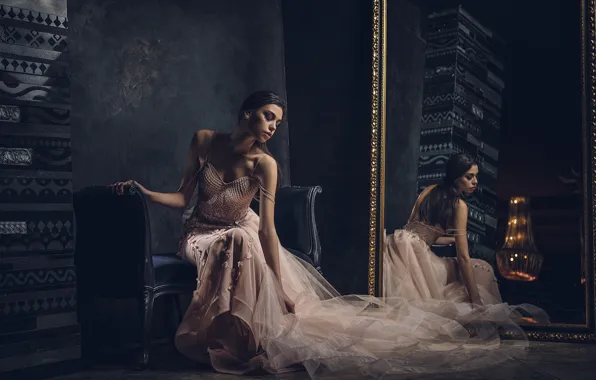 Girl, pose, room, dress, mirror, lips, beauty, Ivan Slavov