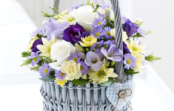 Basket, rose, chrysanthemum, eustoma, freesia