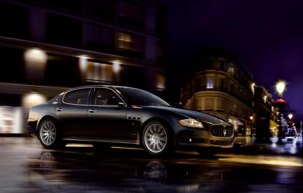 Maserati, Quattroporte, Black, Night, The city, Wheel, Riding