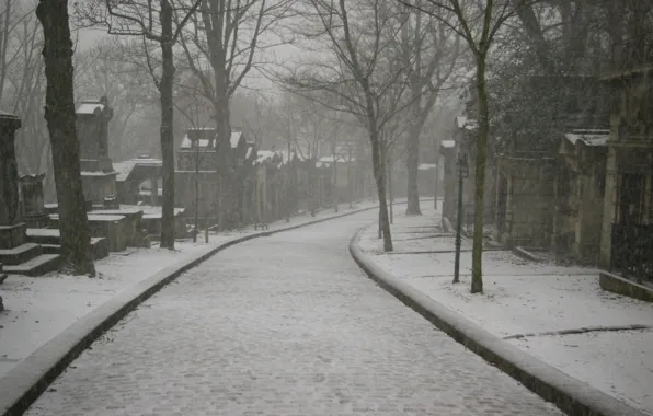Picture Paris, winter, morning, cemetery, under the snow, Père-Lachaise