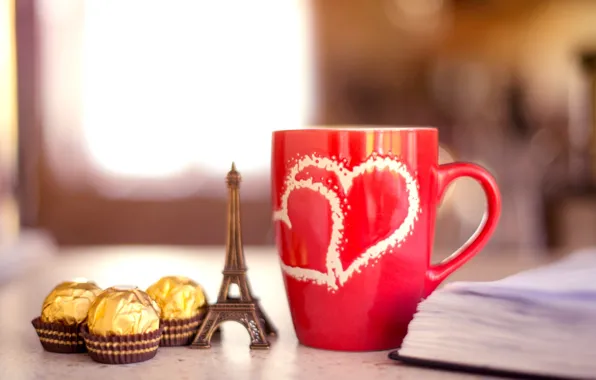 Picture background, widescreen, Wallpaper, mood, Eiffel tower, chocolate, mug, chocolate
