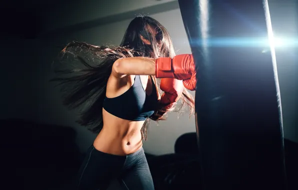 Pose, figure, Boxing, blow, gloves, pear, hair, training