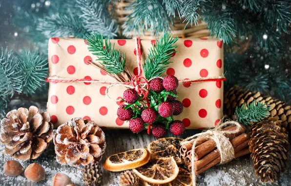 Snow, decoration, New Year, Christmas, gifts, christmas, balls, wood