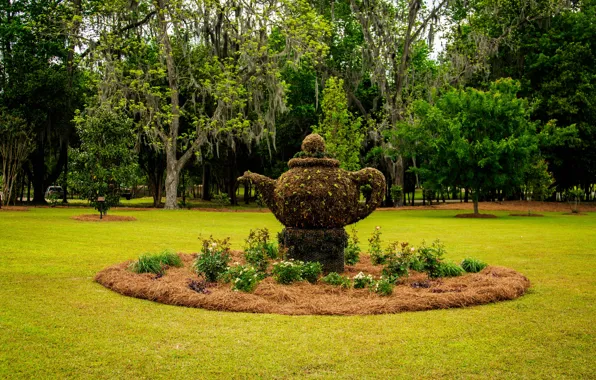 Picture greens, grass, trees, flowers, design, lawn, glade, kettle