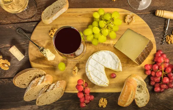 Table, wine, cheese, walnut, glasses, bread, grapes, tube