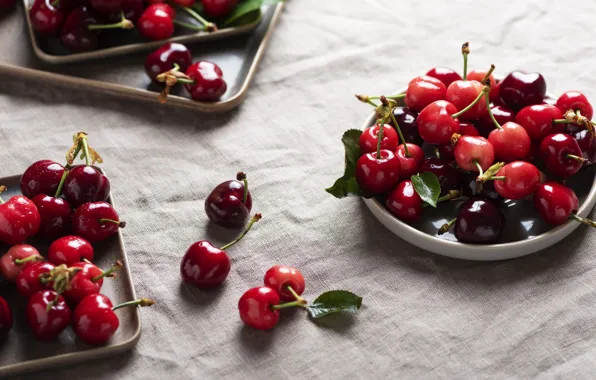Cherry, berries, table, plate, placer, cherry, trays
