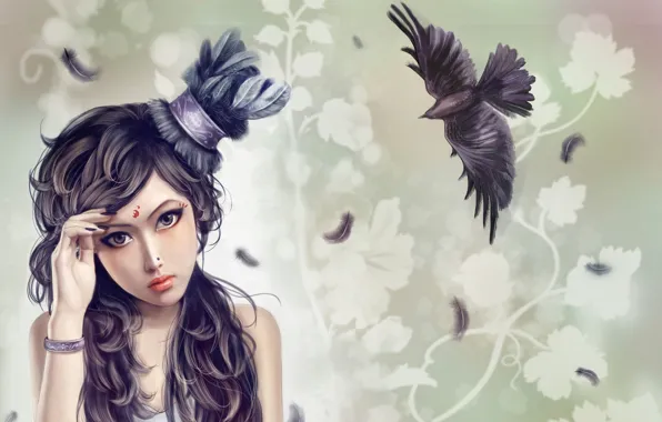 Girl, bird, pattern, feathers, piercing, tattoo, art, bracelet