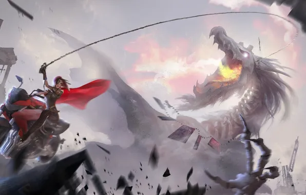 Picture girl, dragon, home, anime, art, chain, motorcycle, destruction