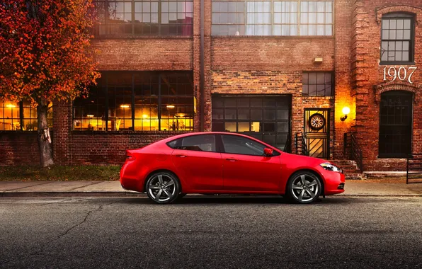 Picture Red, Auto, Autumn, Machine, The building, Dodge, Side view, Dart