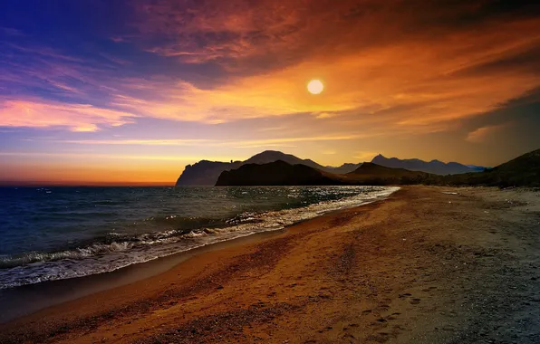 Sea, wave, beach, the sun, sunset, mountains, Black, Crimea