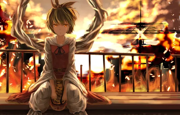 Picture look, girl, fire, smoke, sitting, art, Touhou, Pixiv Id 1844738