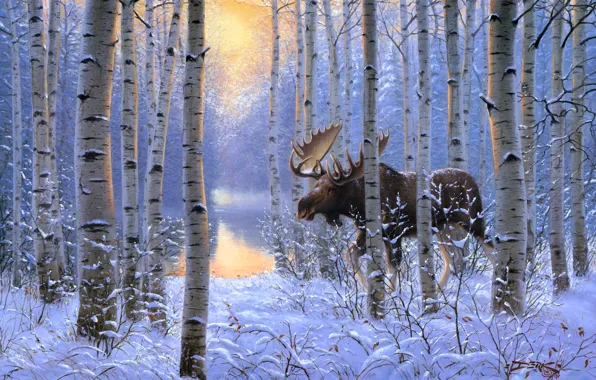 Picture winter, forest, animals, snow, painting, moose, On the Move, Derk Hansen