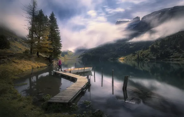 Autumn, forest, the sky, girl, clouds, mountains, fog, lake