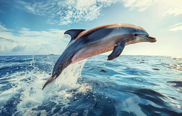 Sea, wave, the sky, clouds, squirt, Dolphin, jump, underwater world