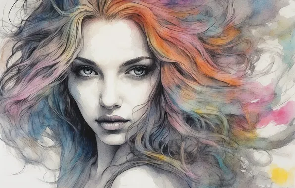 Look, girl, face, portrait, shoulder, multi-colored hair, flowing hair, imitation painting