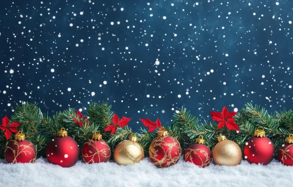 Winter, balls, snow, branches, lights, Christmas, the snow, red