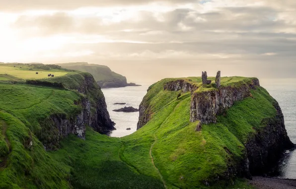 Sea, greens, the sky, clouds, light, castle, rocks, hills