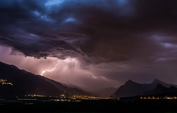 The storm, mountains, night, the city, lights, lightning
