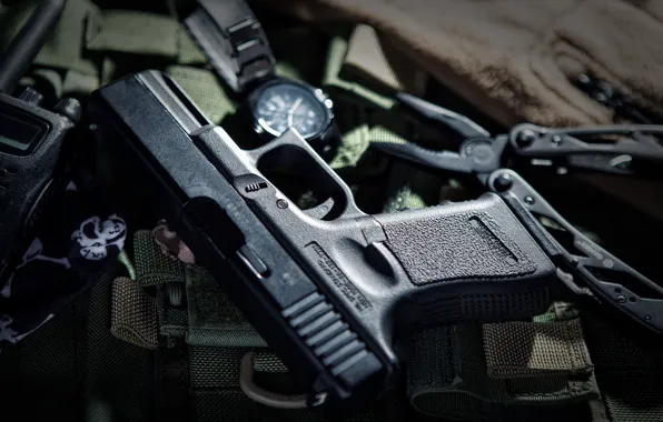 Gun, watch, blur, camouflage, Glock, equipment, ammunition, bokeh