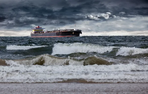 Sea, wave, the sky, clouds, overcast, shore, ship, horizon