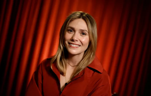 Look, pose, smile, makeup, in red, hair, Elizabeth Olsen, Elizabeth Olsen