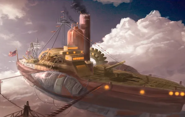 The sky, the airship, airship, steampunk
