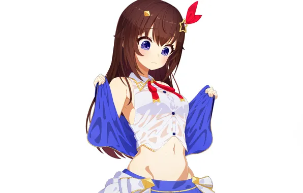 Girl, blouse, long hair, brown hair, anime, beautiful, purple eyes, pretty