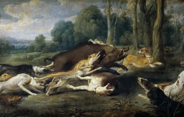 Picture dogs, hunting, boar, painting, Art, the Golden age
