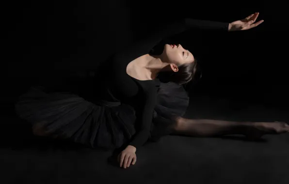 Grace, Asian, ballet, grace, asian, closed eyes, dark background, bending of the body