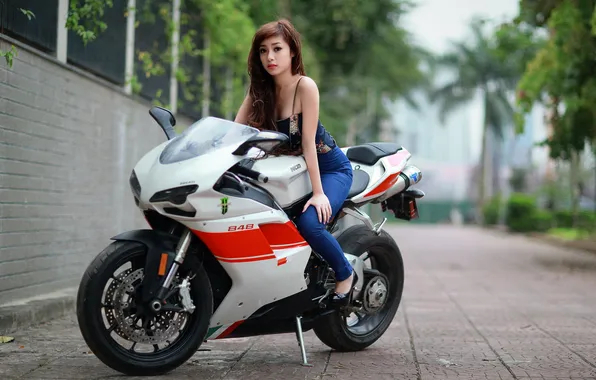 Picture girl, motorcycle, Asian, Ducati, superbike