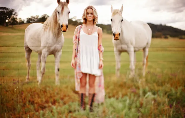 Picture field, girl, clouds, hair, the fence, dress, horse, farm