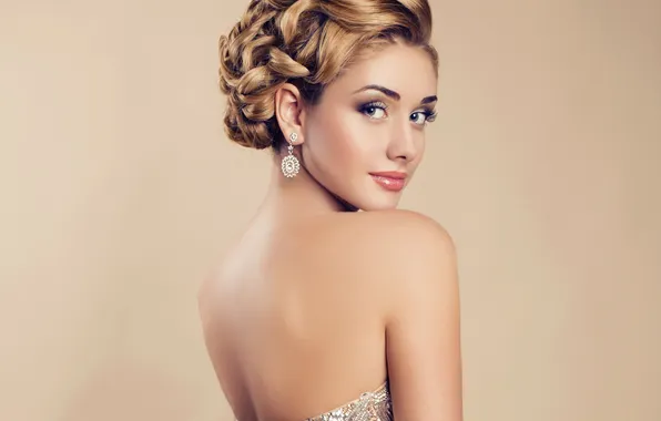 Picture look, girl, background, hair, back, makeup, dress, hairstyle